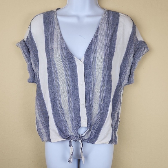 Anthropologie Cloth & Stone Striped Tie Front v neck button up Linen Blend - Picture 1 of 8